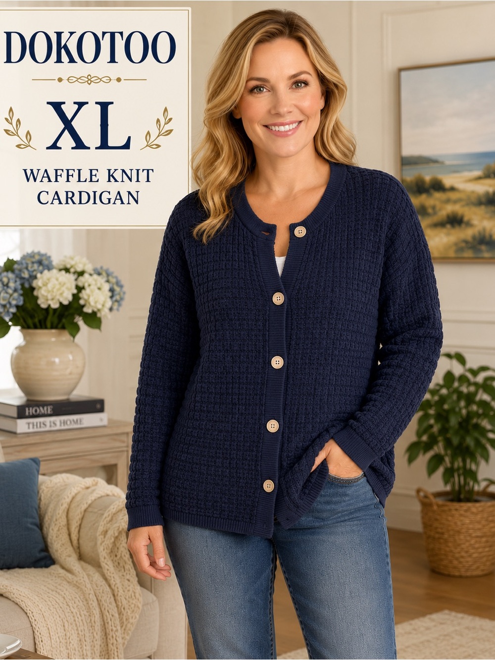 Dokotoo XL Navy Blue Waffle Knit Button Front Cardigan Sweater